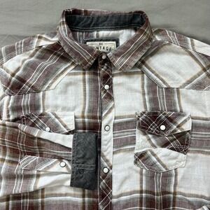 BKE Vintage Button Shirt Mens L Plaid Athletic Fit Long White Brown Pearl Snap